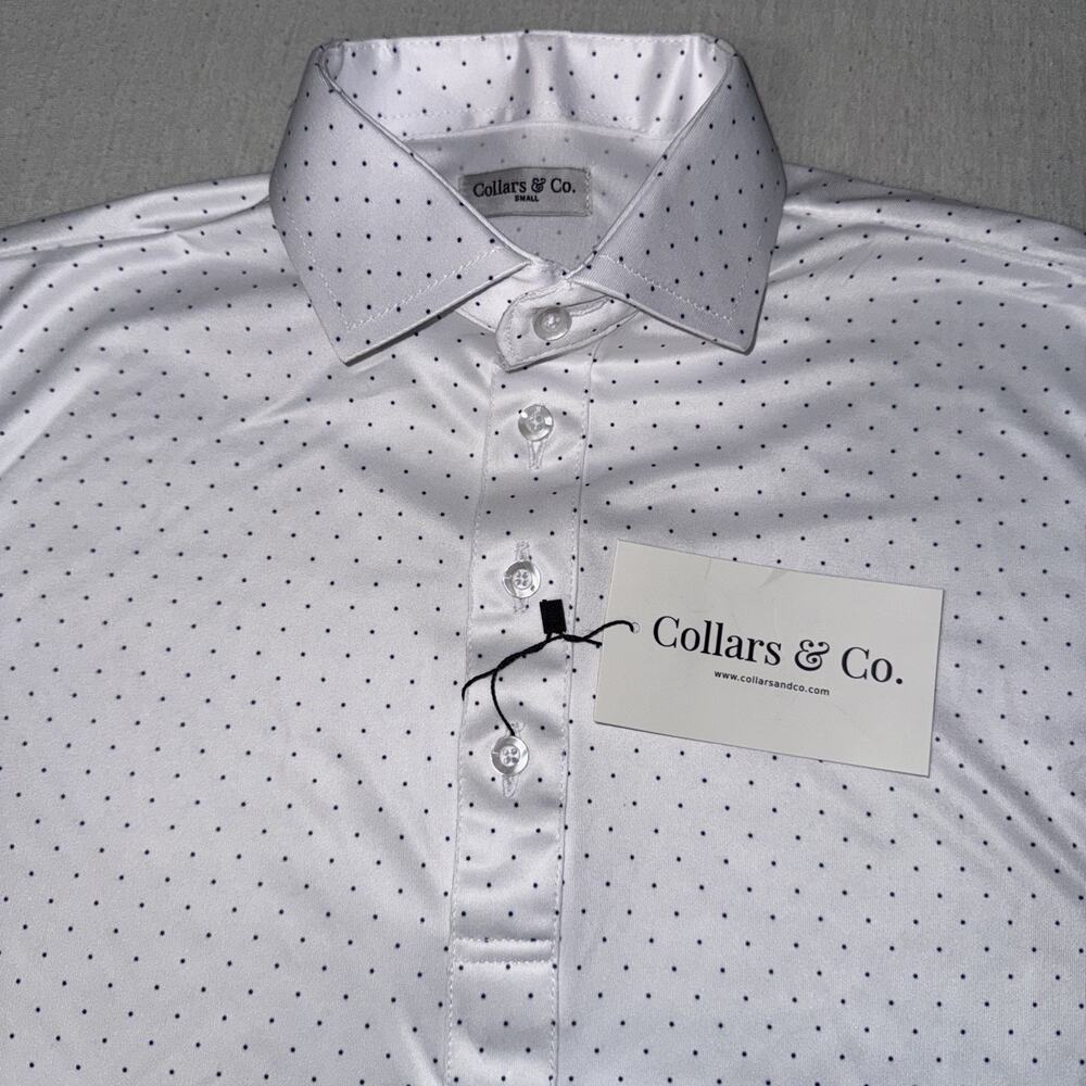 Collars and Co Golf Polo White Blue Dots Geometric AOP Size Small Preppy NWT